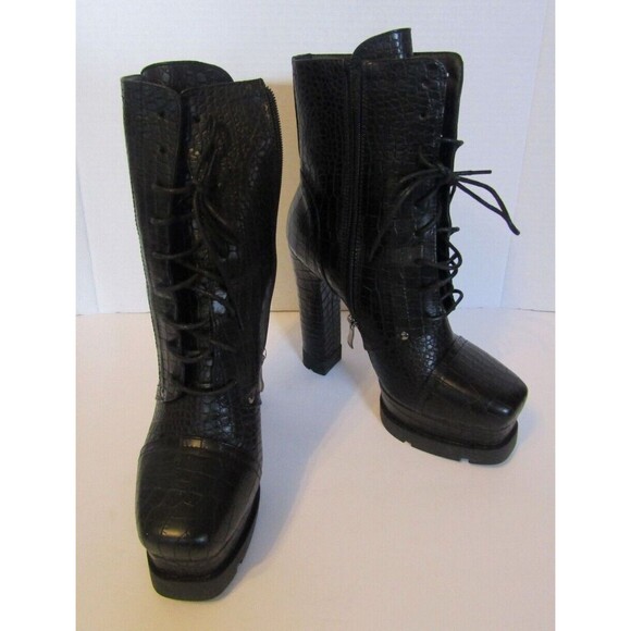 Azalea Wang Dolls Kill Ankle Boots NWOB Black Vegan Crocodile Heels Size 11 - Picture 4 of 9